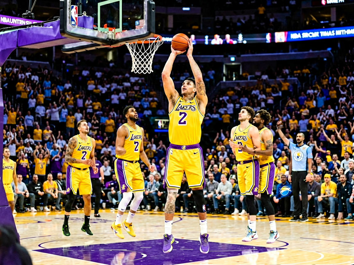 NBA湖人队比赛现场,球员在三分线外准备出手